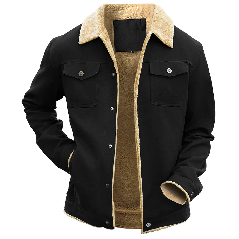 Men's Jackets Winter Faux Shearling Lined Windproof Warm Coat Black Buttoned Parka Pockets Comfortable Casual Tops US Size