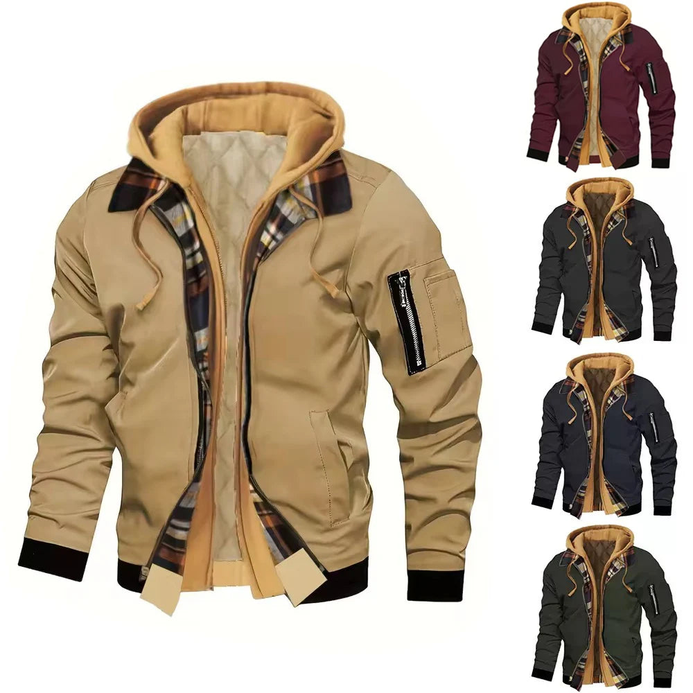 Men's Autumn Winter Hooded Jacket Casual Solid Color Fake Two Piece Design Zip Up Long Sleeve Warm Coats