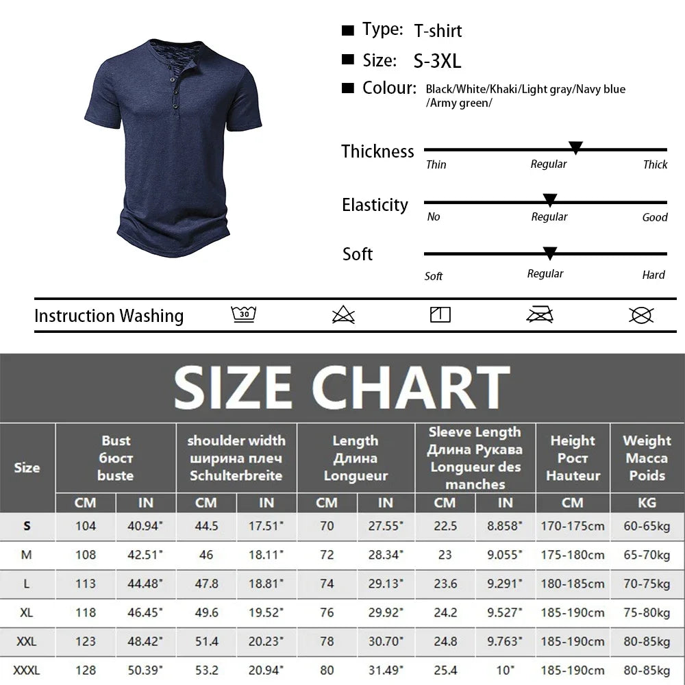 Men's Summer Basic T-Shirt Henley Neck Short Sleeve Male Casual Pullover Outdoor Breathable Streetwear Men's T-Shirt Tops