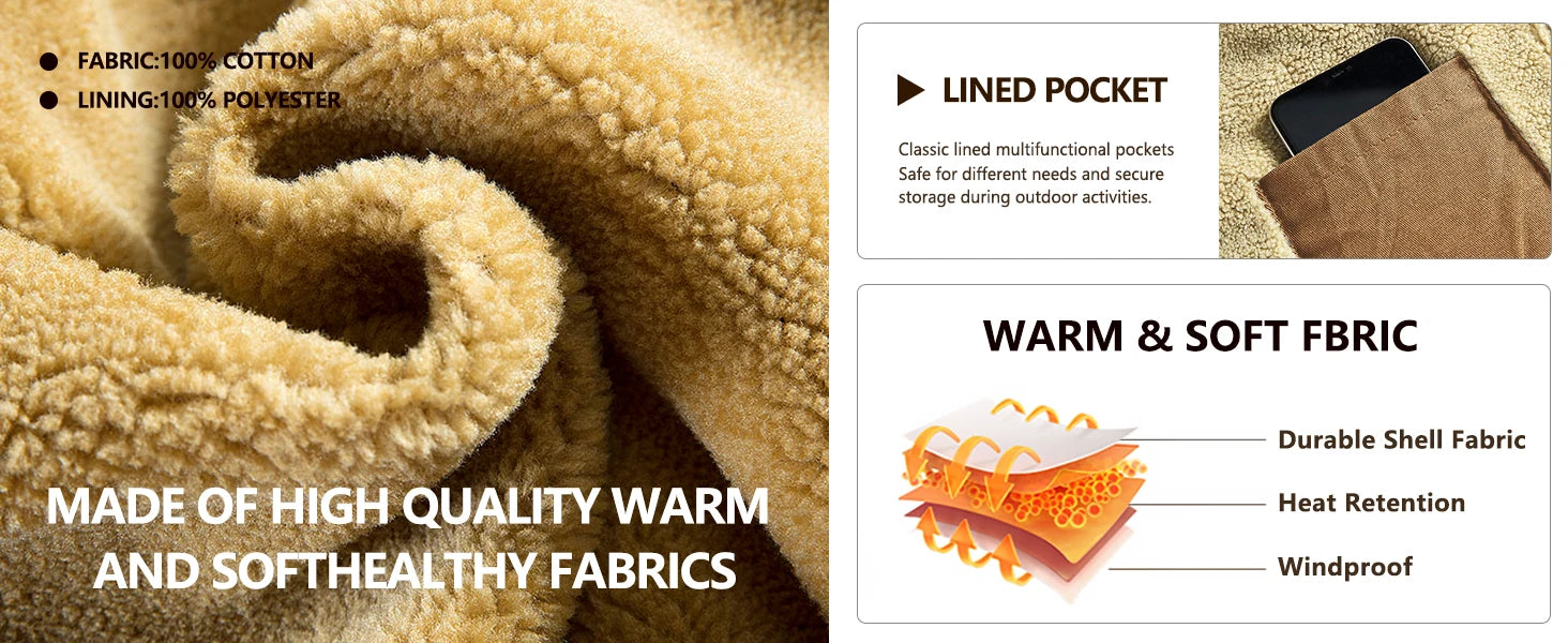 Men's Jackets Winter Faux Shearling Lined Windproof Warm Coat Black Buttoned Parka Pockets Comfortable Casual Tops US Size