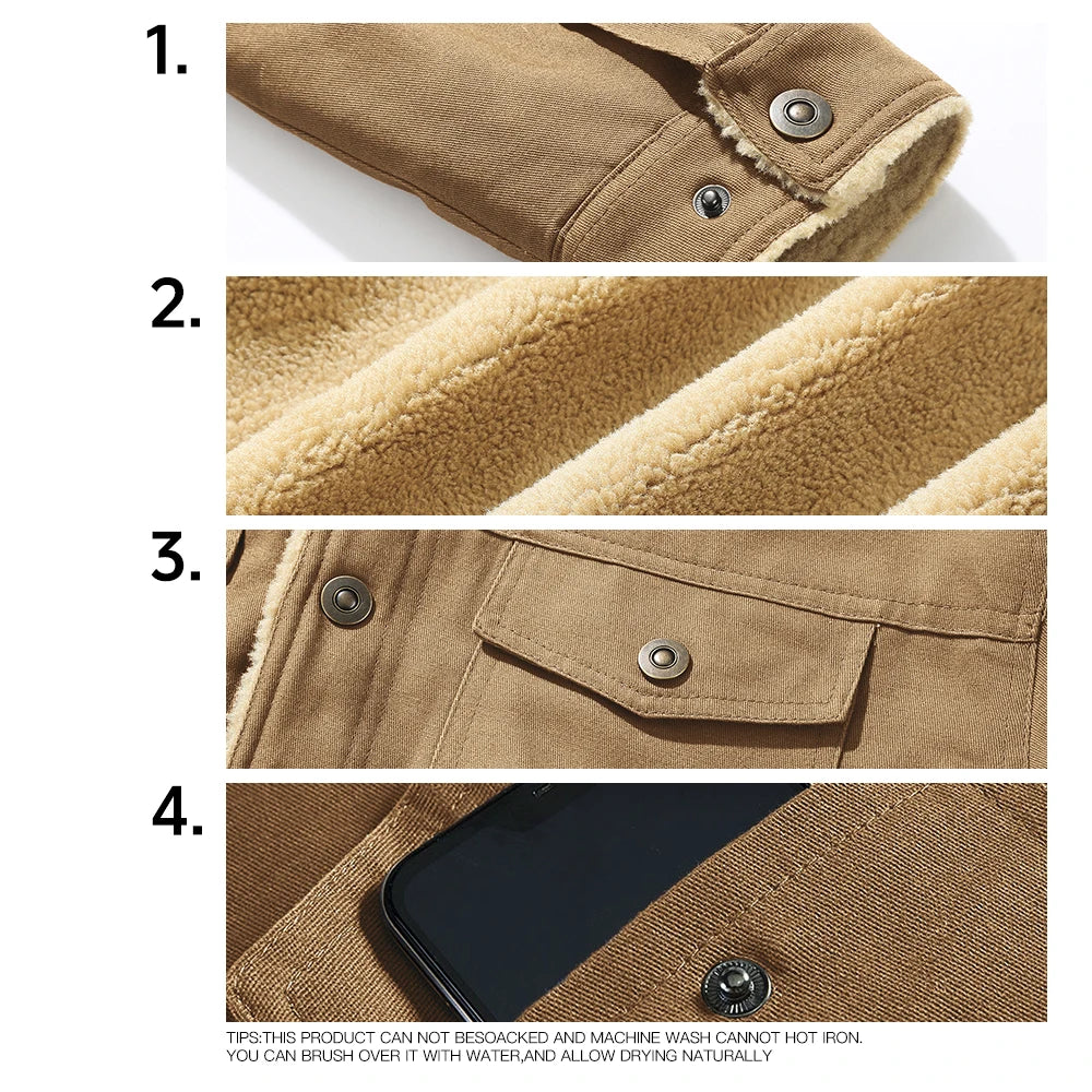 Men's Jackets Winter Faux Shearling Lined Windproof Warm Coat Black Buttoned Parka Pockets Comfortable Casual Tops US Size