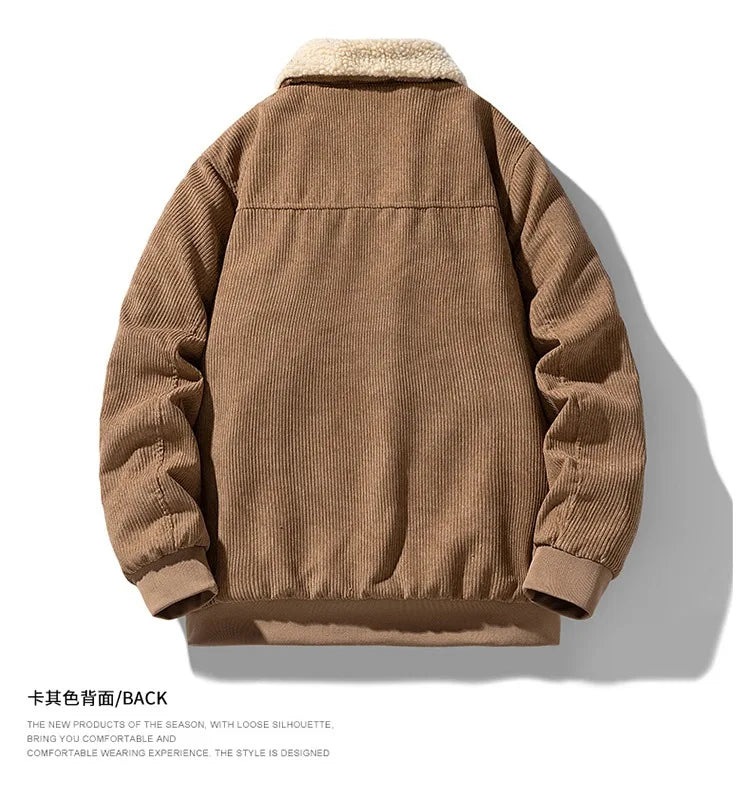 2025 Winter Collar Corduroy Jacket for Men, Casual, Comfortable, Loose, High Quality, Simple, Versatile,and Plush Jacket for Men