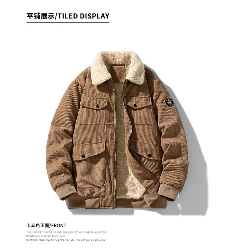 2025 Winter Collar Corduroy Jacket for Men, Casual, Comfortable, Loose, High Quality, Simple, Versatile,and Plush Jacket for Men