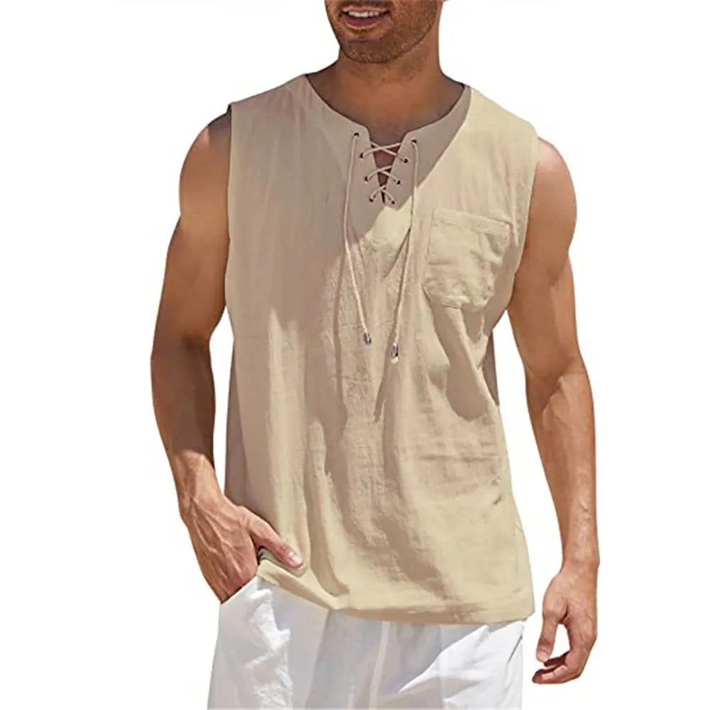 Men's Casual Shirts Leeveless Vest Bandage Lace Up Blouse Retro V Neck Fashion Loose Shirt Male Solid Color Clothes