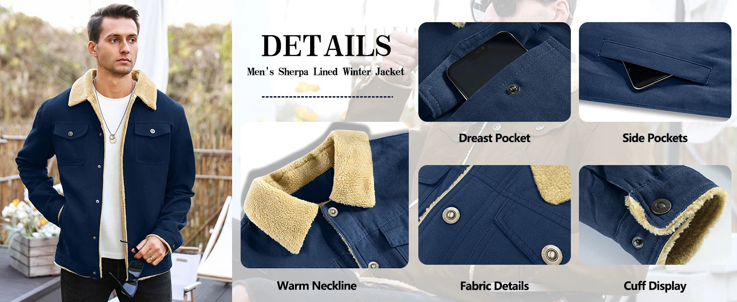 Men's Jackets Winter Faux Shearling Lined Windproof Warm Coat Black Buttoned Parka Pockets Comfortable Casual Tops US Size