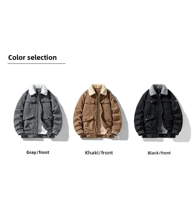 2025 Winter Collar Corduroy Jacket for Men, Casual, Comfortable, Loose, High Quality, Simple, Versatile,and Plush Jacket for Men